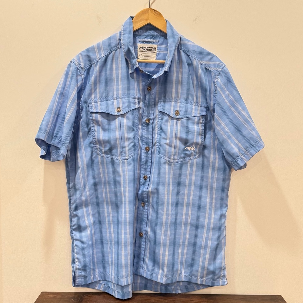 Mountain Khakis Large Jackson hole Sky Blue Checkered Plaid short sleeve Shirt